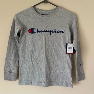 Champion Gray Logo Graphic Long Sleeve Shirt Top Sporty Athletic Casual Gym